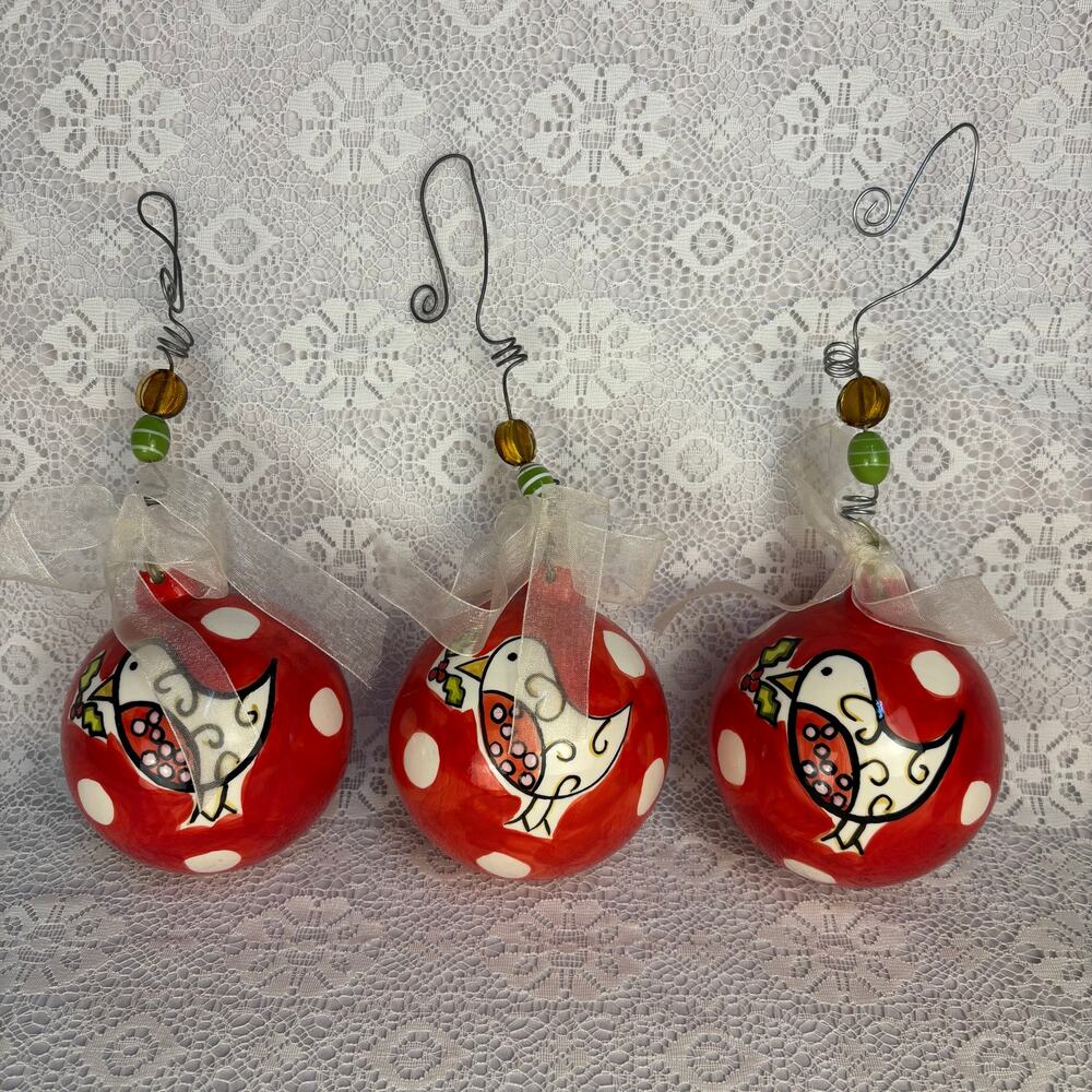 Coton Colors Set of 3 Hand Painted Glass Bird Christmas Ornaments Red Polka Dot